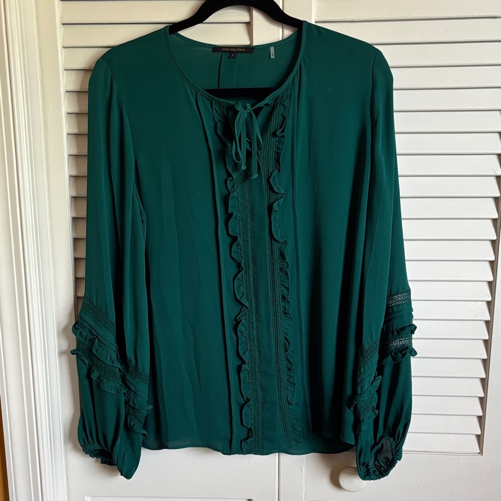 Kobi Halperin Teal Blouse with Ruffle Trim